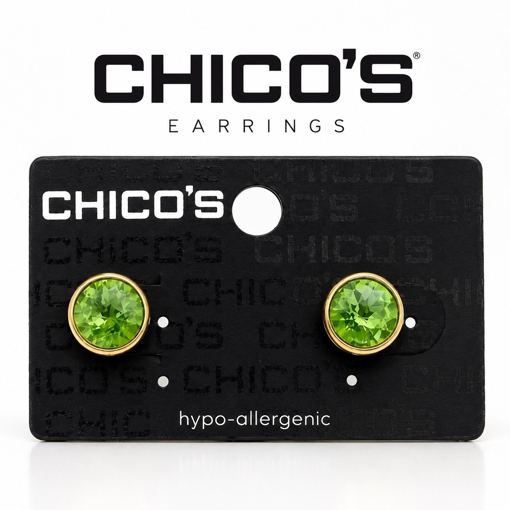 Chico's Green Crystal Stud Earrings Gold Tone Round Hypoallergenic Pierced